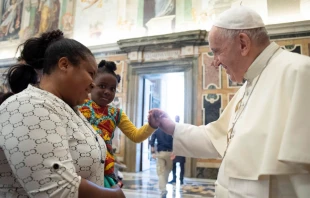 Pope Francis meets with members of the Arché Foundation at the Vatican, Sept. 2, 2021. Vatican Media.